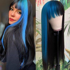 Women Blue Highlights Black Hair Synthetic Wigs with Bangs